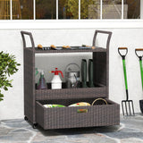Tangkula Outdoor Rolling Wicker Bar Cart with Tempered Glass Top