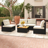 Tangkula 5 Piece Rattan Sofa Set, Patiojoy Outdoor Wicker Furniture Set with Seat & Back Cushions