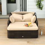 Tangkula Patio PE Rattan Daybed with Retractable Canopy, Double Lounge Bed with Soft Cushions and Extra Pillows
