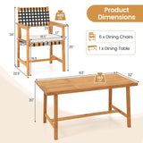 Tangkula 7 Piece Patio Dining Set 63” Outdoor Rectangular Acacia Wood Table & 6 Armchairs