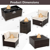 Tangkula 7 Pieces Wicker Patio Furniture Set with 40,000 BTU Gas Fire Pit Table & Propane Tank Cover Table & Glass Top Coffee Table