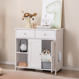 Tangkula 31.5 Inch Enclosed Cat Box Cabinet with 2 Storage Drawers Double Doors & 2 Open Shelves