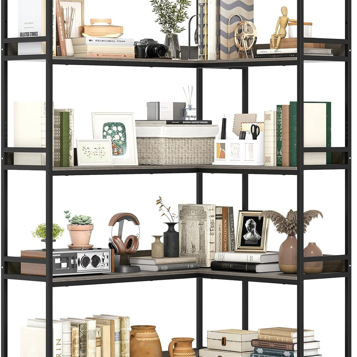 Tangkula 90 Degrees 5 Tier Industrial Wood Open Corner Bookcase for Small Spaces
