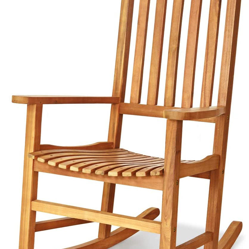 Acacia Wood Porch Rocking Chair, Wooden Rocking Chair Rocker with High Back & Armrest