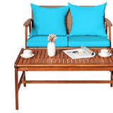 4/8PCS Patio Wood Sofa Set, Outdoor Acacia Wood Seating Chat Set with Cushions & Coffee Table