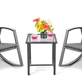 Tangkula 3 Pieces Patio Rocking Bistro Set, PE Rattan Rocking Chairs with Tempered Glass Side Table