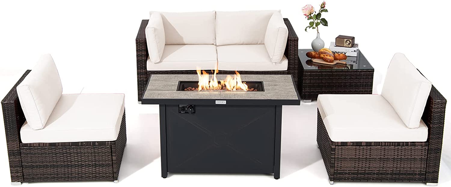 Tangkula 6 Pieces PE Rattan Wicker Sectional Sofa with 42" 60,000 BTU Gas Fire Pit Table