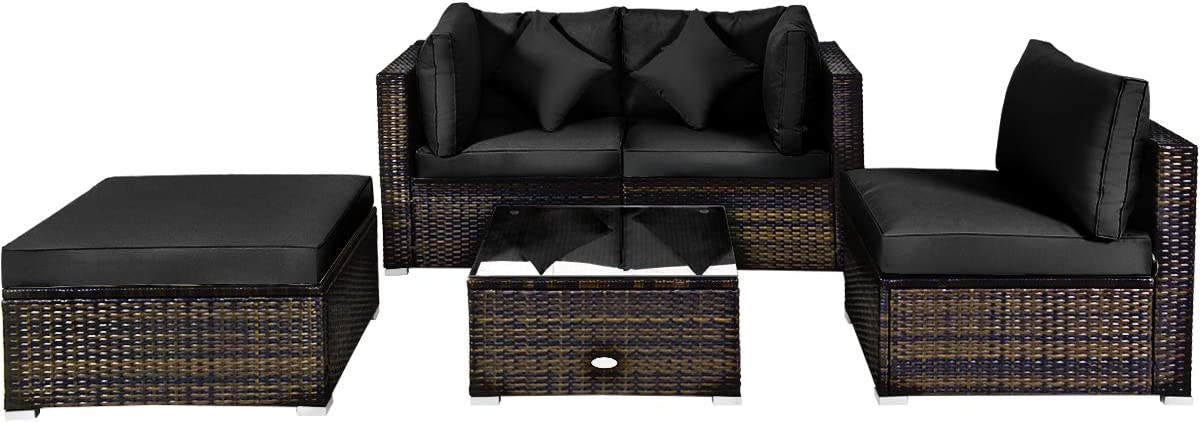 Tangkula 5 PCS Patio Rattan Furniture Set, Outdoor Sectional Rattan Sofa Set