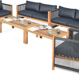 Outdoor Wood Furniture Set, Acacia Wood Frame Loveseat Sofa, 2 Single Chairs and Coffee Table