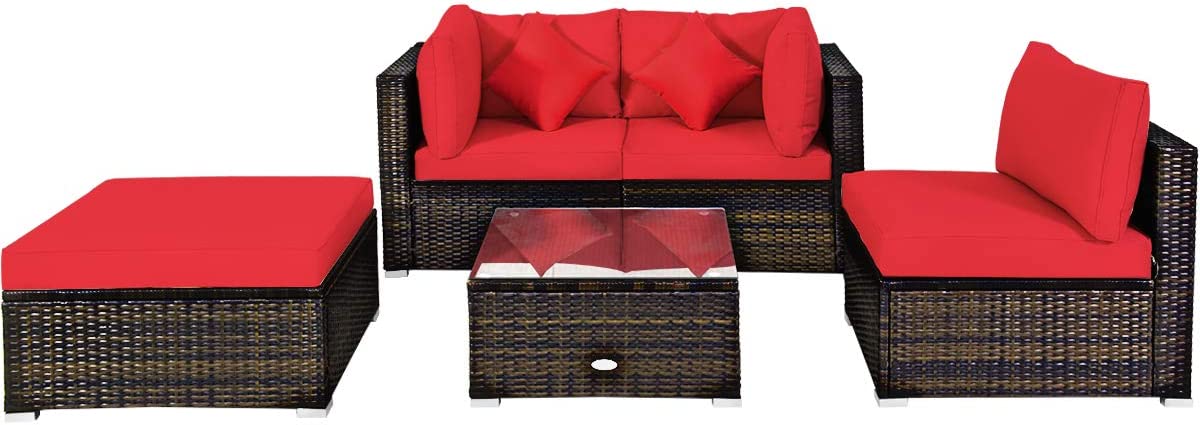 Tangkula 5 PCS Patio Rattan Furniture Set, Outdoor Sectional Rattan Sofa Set