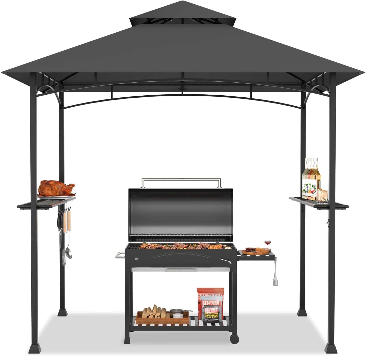 Tangkula 8x5 Ft Grill Gazebo, Double Tiered Outdoor BBQ Gazebo with 2 Side Shelves, 5 Hooks