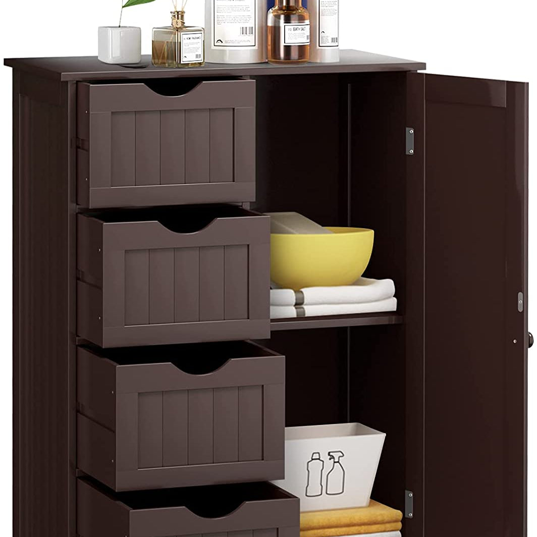 Bathroom Floor Cabinet, Free Standing Storage Cabinet with 4 Drawers & Single Door, 22 x 12 x 32 Inches