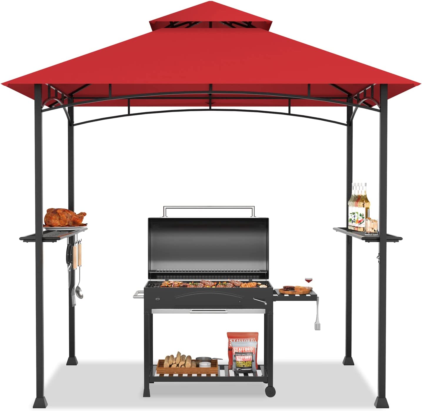 Tangkula 8x5 Ft Grill Gazebo, Double Tiered Outdoor BBQ Gazebo with 2 Side Shelves, 5 Hooks