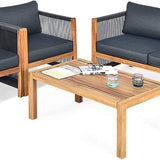 Outdoor Wood Furniture Set, Acacia Wood Frame Loveseat Sofa, 2 Single Chairs and Coffee Table