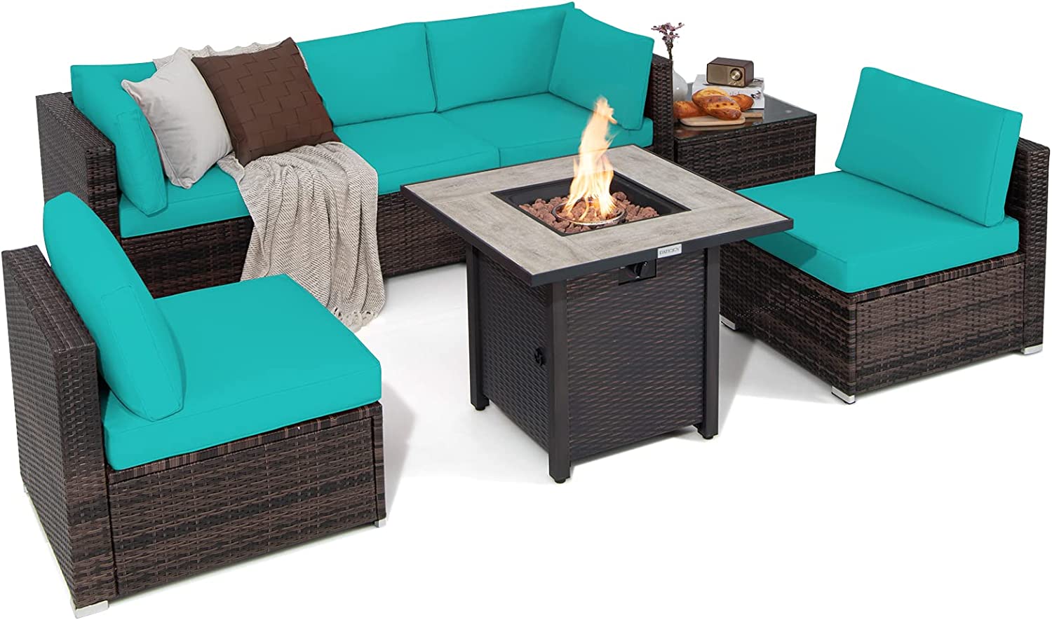 Tangkula 7 Piece Patio Furniture Set with Fire Pit Table, 30 Inches 50,000 BTU Propane Fire Pit Table