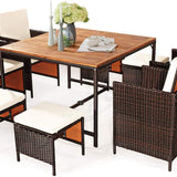Tangkula 9 Pieces Acacia Wood Patio Dining Set, Space Saving Wicker Chairs and Wood Table with Umbrella Hole Outdoor Furniture Set