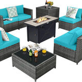 Tangkula 9 Pieces Patio Rattan Furniture Set, Patiojoy Sectional Sofa Set with Fire Pit Table,Waterproof Covers Includes