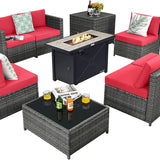 Tangkula 9 Pieces Patio Rattan Furniture Set, Patiojoy Sectional Sofa Set with Fire Pit Table,Waterproof Covers Includes