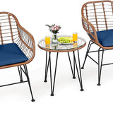 3 Pieces Patio Conversation Bistro Set, Outdoor Wicker Furniture w/Round Tempered Glass Top Table & 2 Rattan Armchairs