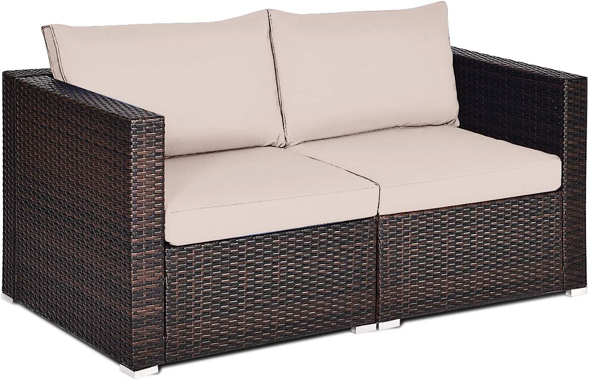 Wicker Loveseat 2 Piece, Beige - Tangkula