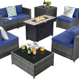 Tangkula 9 Pieces Patio Rattan Furniture Set, Patiojoy Sectional Sofa Set with Fire Pit Table,Waterproof Covers Includes