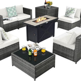 Tangkula 9 Pieces Patio Rattan Furniture Set, Patiojoy Sectional Sofa Set with Fire Pit Table,Waterproof Covers Includes