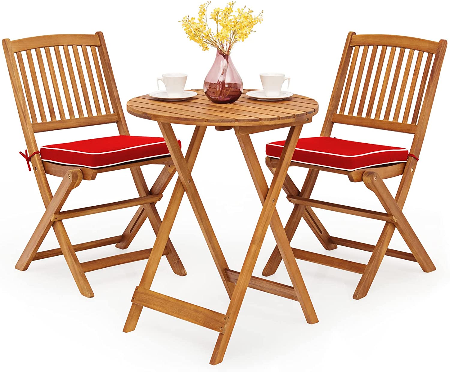 Tangkula 3 PCS Patio Folding Bistro Set, Outdoor Acacia Wood Chair and Table Set