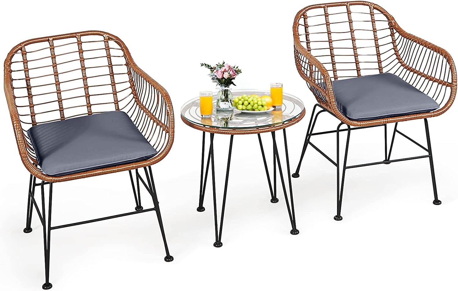 3 Pieces Patio Conversation Bistro Set, Outdoor Wicker Furniture w/Round Tempered Glass Top Table & 2 Rattan Armchairs