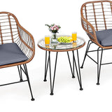 3 Pieces Patio Conversation Bistro Set, Outdoor Wicker Furniture w/Round Tempered Glass Top Table & 2 Rattan Armchairs