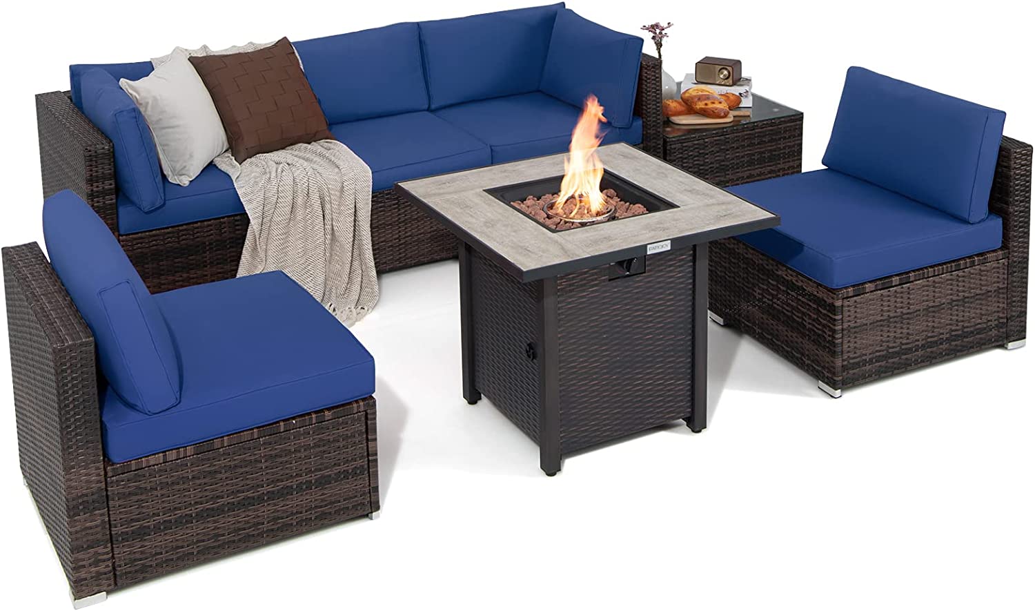 Tangkula 7 Piece Patio Furniture Set with Fire Pit Table, 30 Inches 50,000 BTU Propane Fire Pit Table