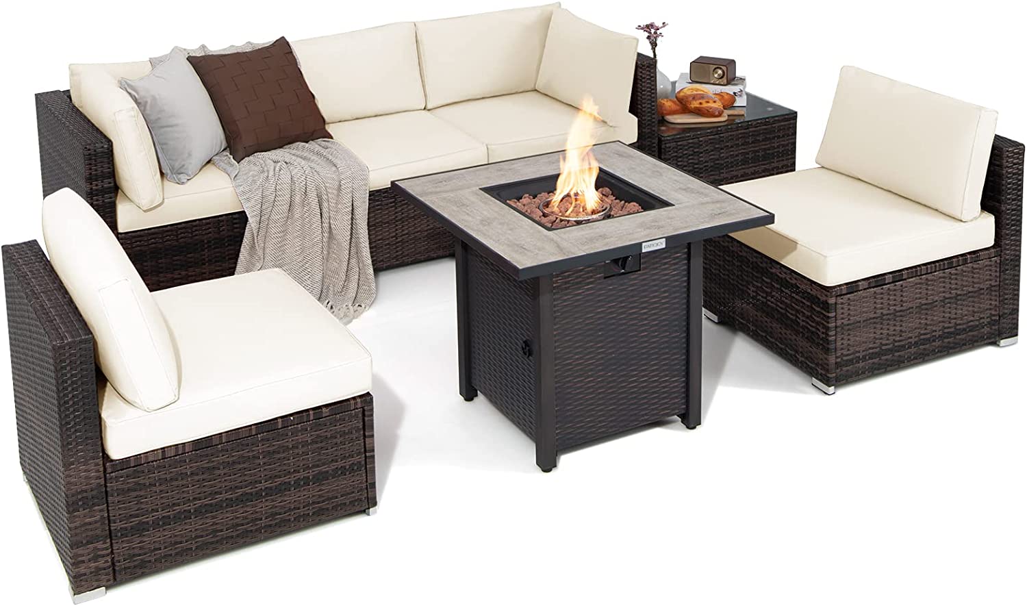 Tangkula 7 Piece Patio Furniture Set with Fire Pit Table, 30 Inches 50,000 BTU Propane Fire Pit Table