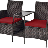 PE Wicker Outdoor Furniture Set, 2 Cushioned Seats and Tempered Glass Table