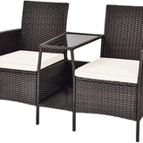 PE Wicker Outdoor Furniture Set, 2 Cushioned Seats and Tempered Glass Table