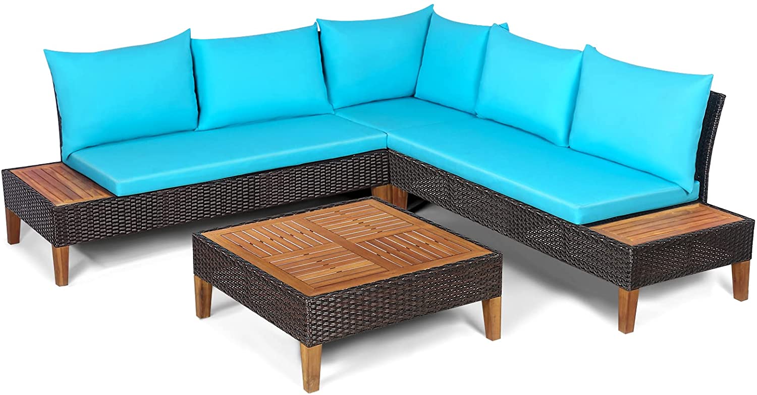 4 Pieces Acacia Wood Patio Conversation Set, Sofa Set with Coffee Table, Corner Sofa & 2 Loveseats