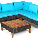 4 Pieces Acacia Wood Patio Conversation Set, Sofa Set with Coffee Table, Corner Sofa & 2 Loveseats