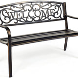Outdoor Steel Garden Bench Park Bench, 50 Inch Patio Welcome Bench with Slated Seat & Floral Design Backrest