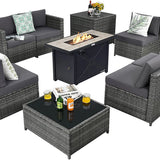 Tangkula 9 Pieces Patio Rattan Furniture Set, Patiojoy Sectional Sofa Set with Fire Pit Table,Waterproof Covers Includes
