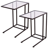 TANGKULA Sofa Side End Table, C Shaped Table Snack Table with Glass Top & Steel Frame