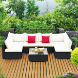 Tangkula 7 Piece Patio Furniture Set, Outdoor Sectional Sofa w/Pillows and Cushions, Wicker Sofa Conversation Set with Coffee Table