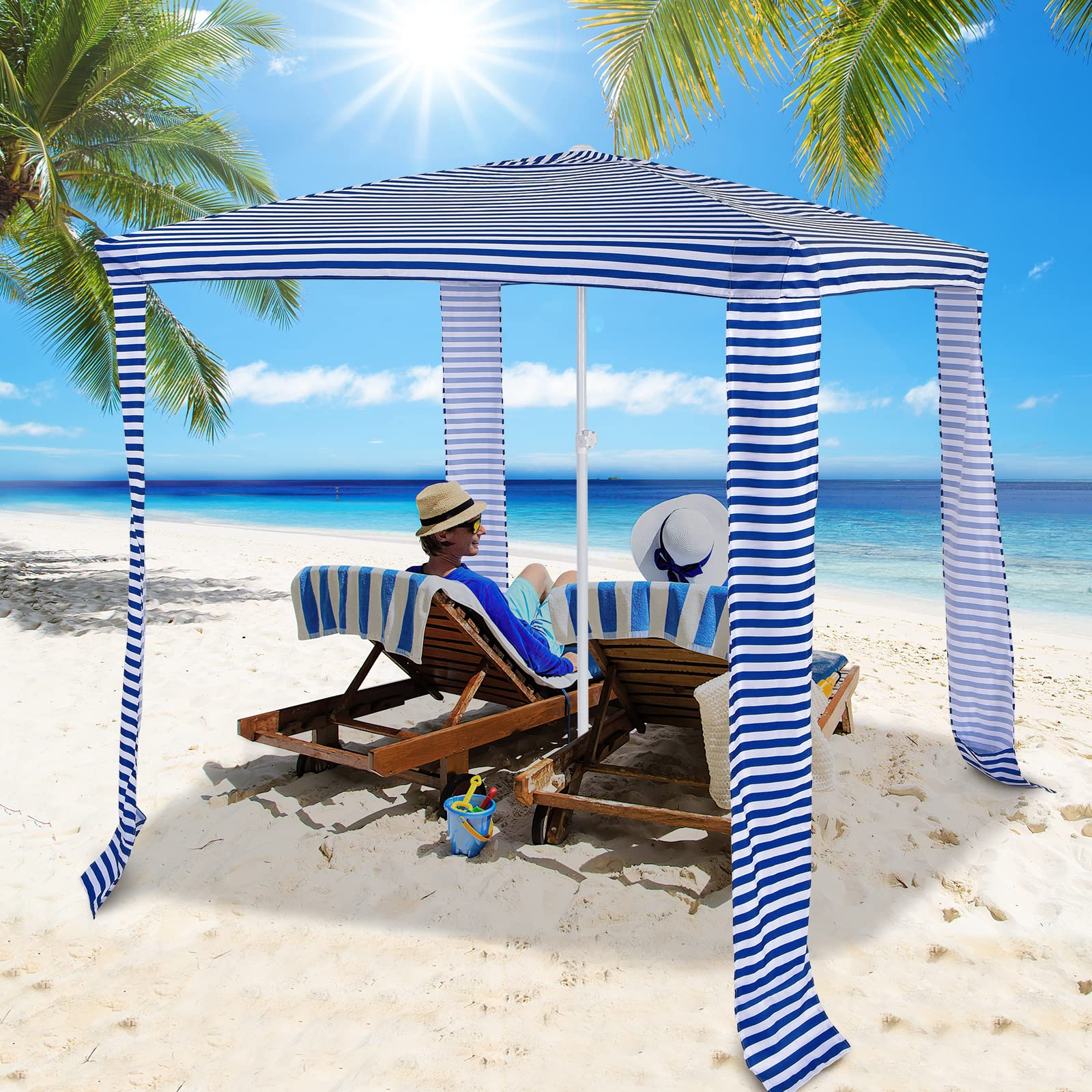 6.6' x 6.6' Foldable Beach Cabana, Easy Set-up Portable Beach Canopy w/ Carry Bag, Navy