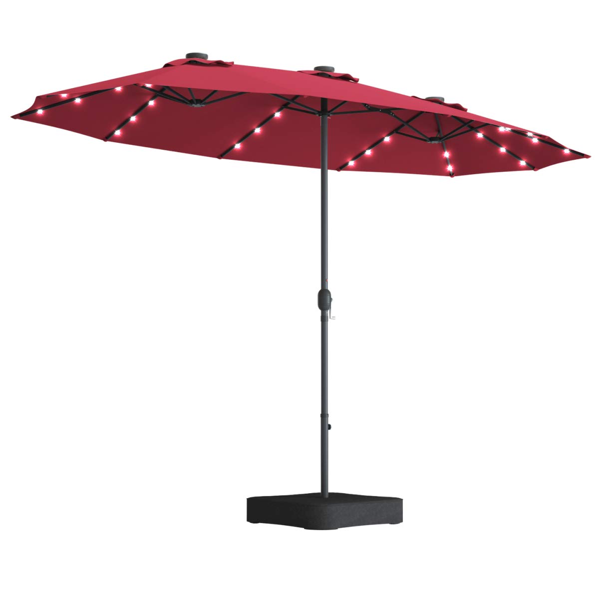 15ft patio market umbrella with base and solar light GREEN PARTY 15 ft Large Outdoor Led Lights & Included, Double-Sided Rectangular Table Umbrella with Stand, Umbrellas for Deck Poolside Garden Backyard, Navy Blue it comes with 36 LED lights (3 on each rib) powered by 3 solar panels ABCCANOPY 15FT Double Sided Pool