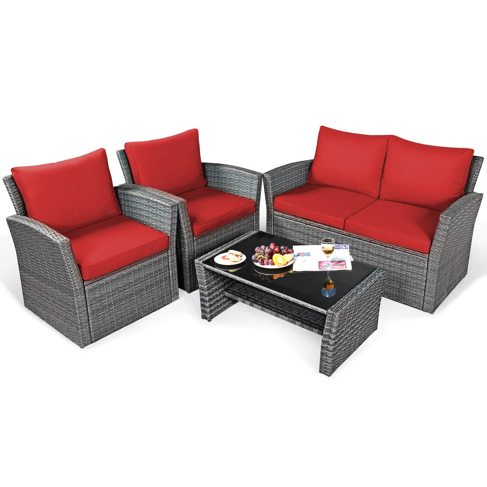 4 Pieces Patio Furniture Set, Red - Tangkula