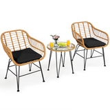 3 Pieces Patio Bistro Set, Rattan Conversation Set with 2 Cushioned Armchairs & Round Glass Coffee Table