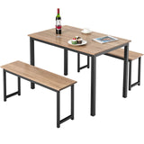 Tangkula Moccha Dining Table Set for 4, 3-Piece Modern Breakfast Table Set with 2 Benches & Metal Frame
