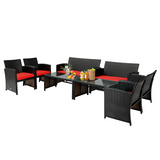 Tangkula 4 Pieces Rattan Furniture Set, Outdoor Conversation Set w/Chair & Loveseat & Tempered Glass Coffee Table