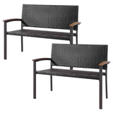 Tangkula Outdoor Stackable Bench, All-Weather PE Wicker Loveseat with Acacia Wood Armrests
