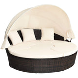 Tangkula Patio Round Daybed with Retractable Canopy, Outdoor Wicker Rattan Furniture Sets