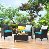 Tangkula 4-PCS Patio Rattan Conversation Set, Outdoor Wicker Furniture Set with Tempered Glass Coffee Table &Thick Cushion