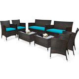 Tangkula 4-PCS Patio Rattan Conversation Set, Outdoor Wicker Furniture Set with Tempered Glass Coffee Table &Thick Cushion