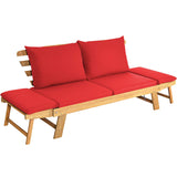 Tangkula Acacia Wood Patio Convertible Couch Sofa Bed with Adjustable Armrest